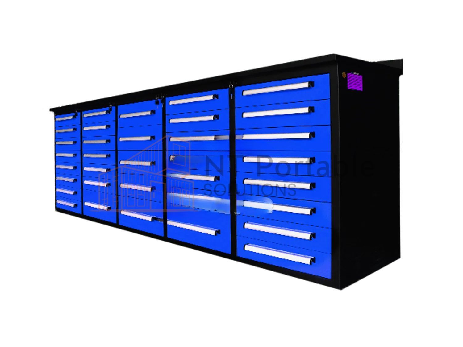 Blue and black multi-drawer storage cabinet; likely for tools.