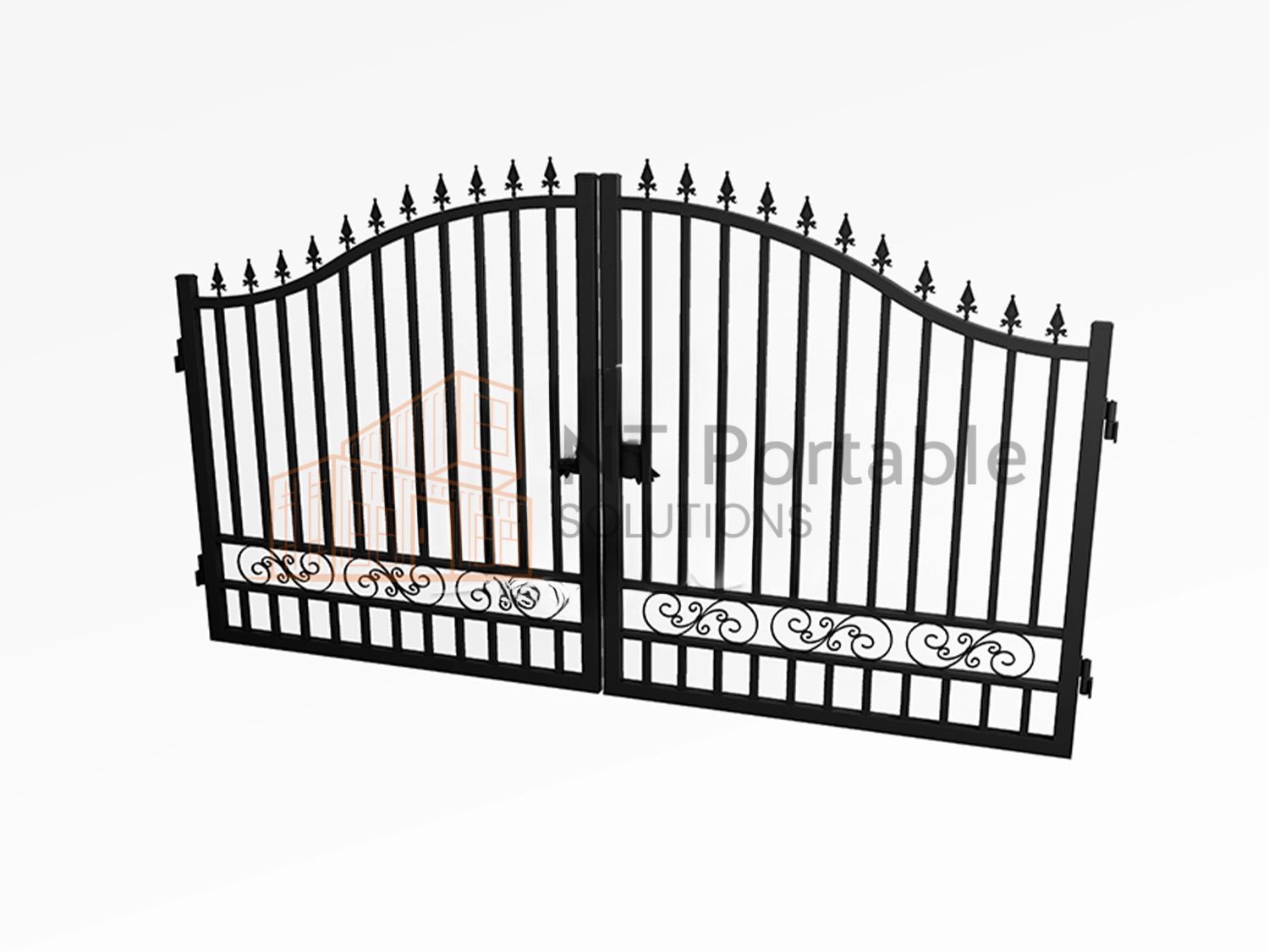 Black wrought iron double gate with decorative scrollwork and pointed finials.