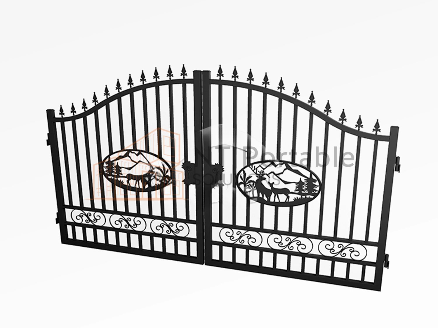 Black metal driveway gates with mountain and deer silhouettes.