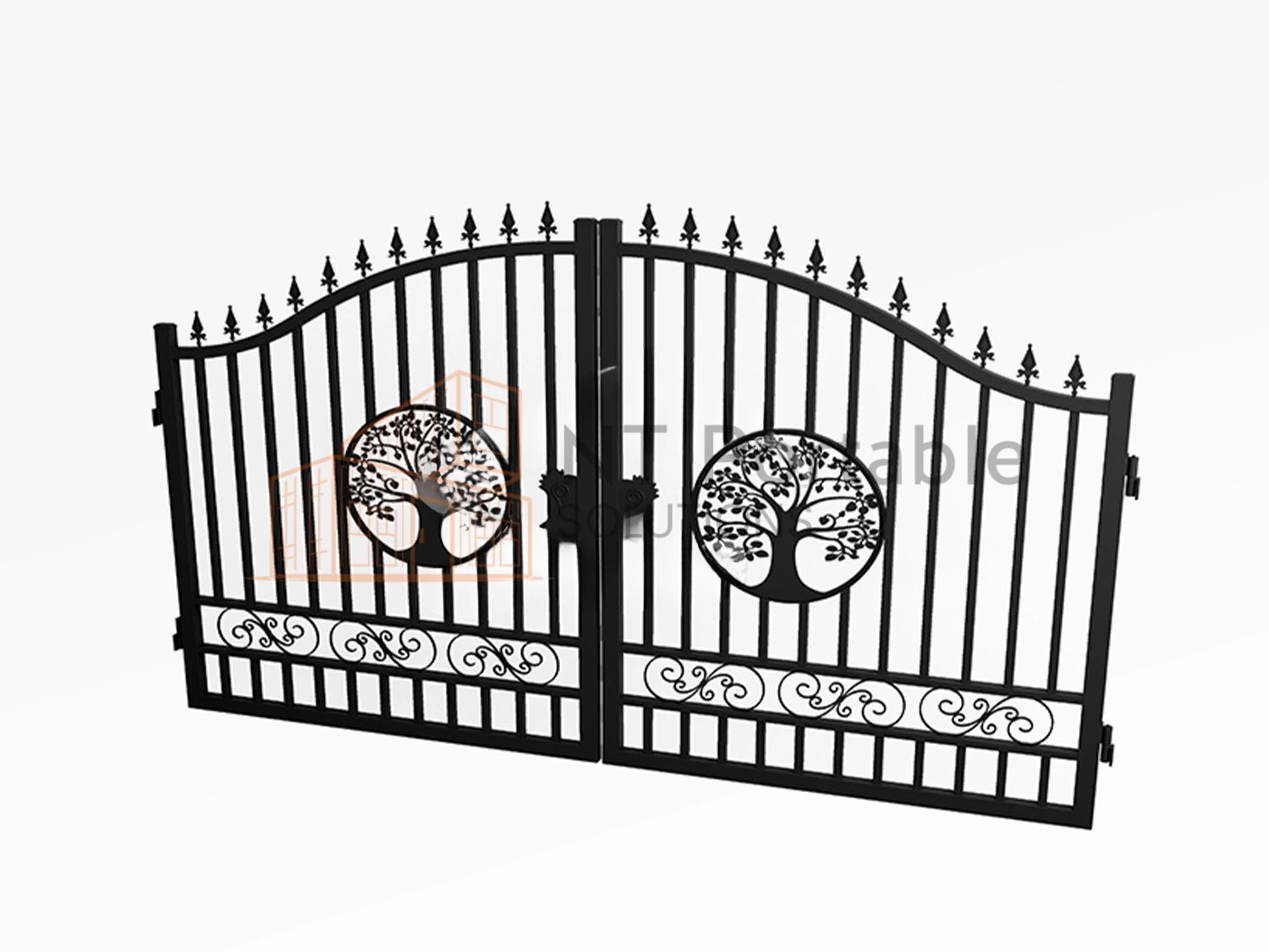 Black wrought iron double gate with tree of life design.