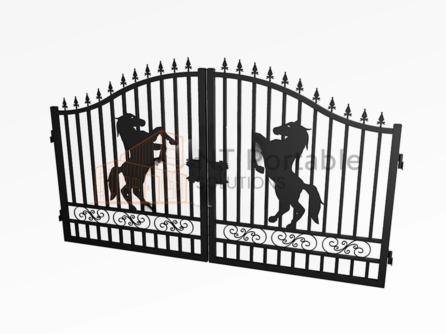 Black iron gate with silhouette horses rearing, decorative scrollwork, and pointed finials.