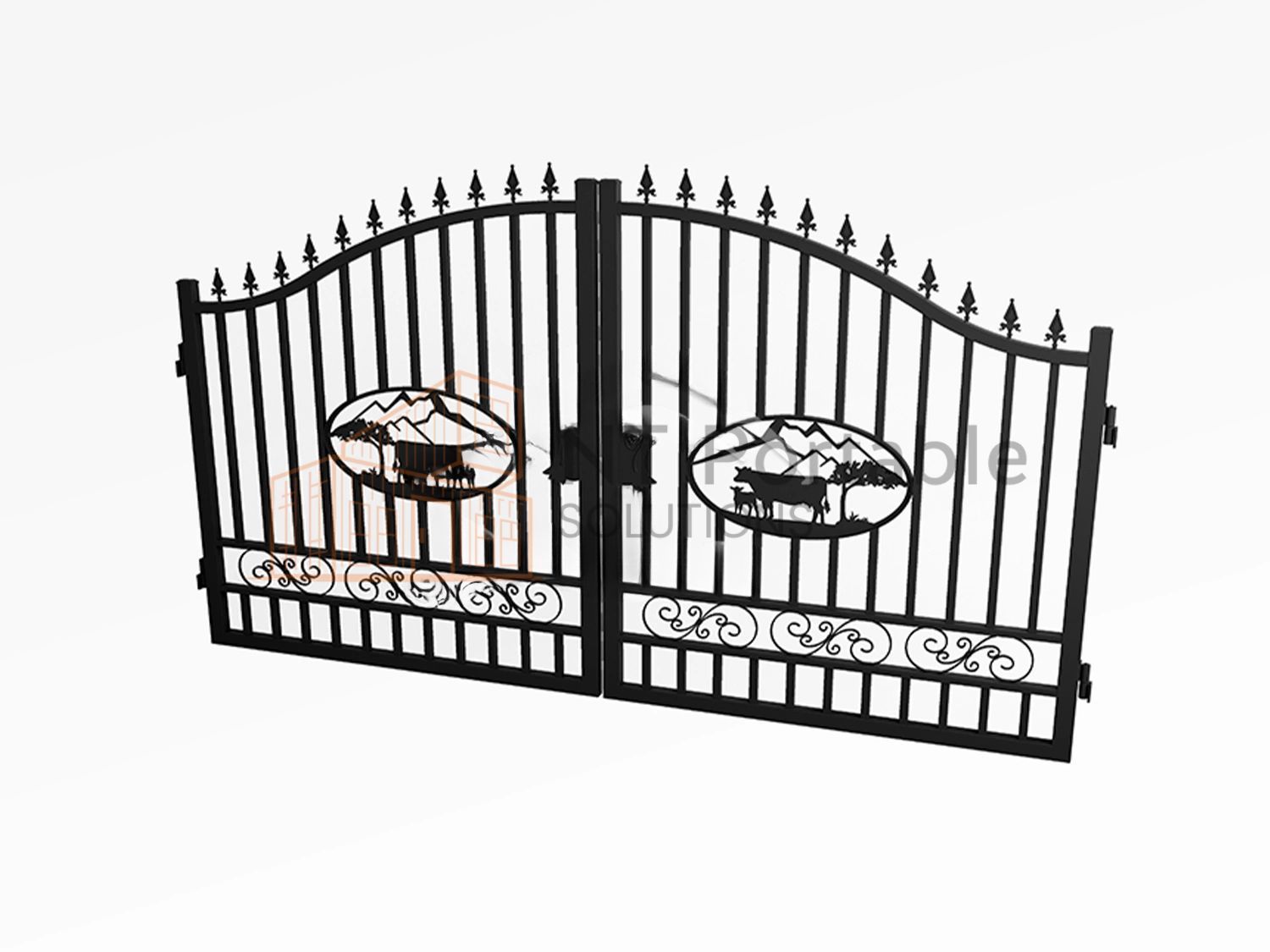 Black wrought iron gate with arched top, decorative details, and oval cutouts with landscape scenes.