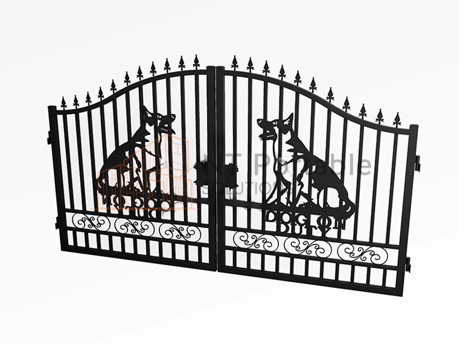 Black wrought iron driveway gates with dog silhouettes.