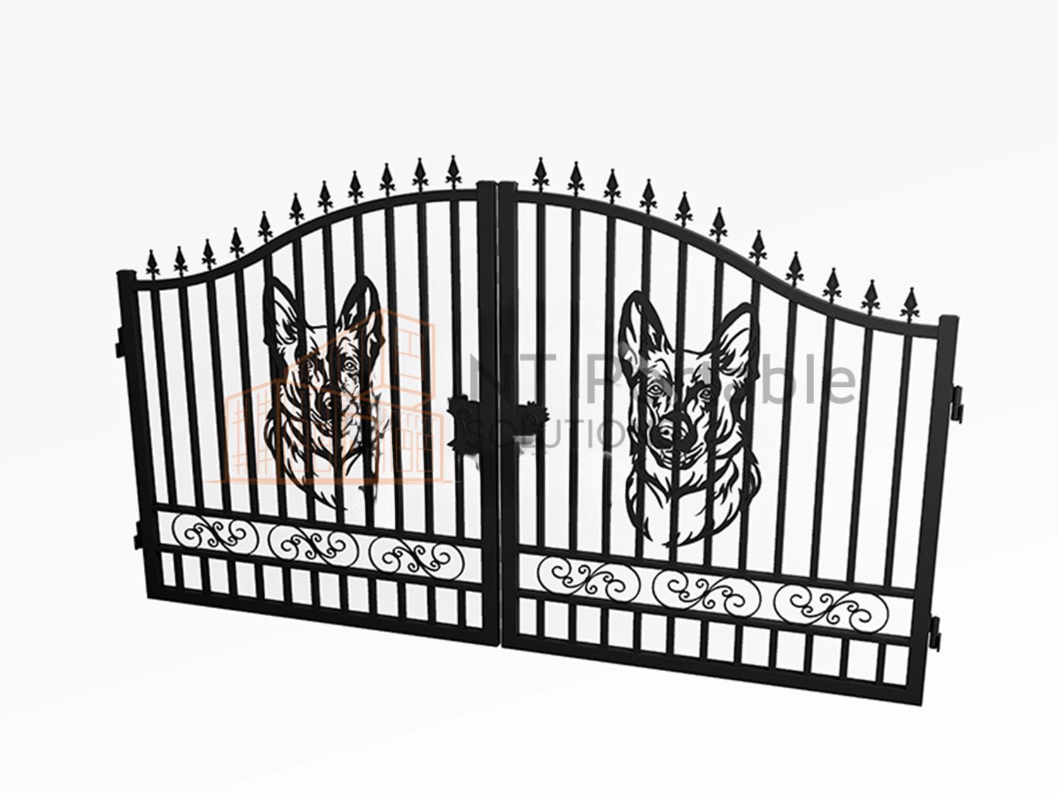 Black metal double gate with German Shepherd silhouette.