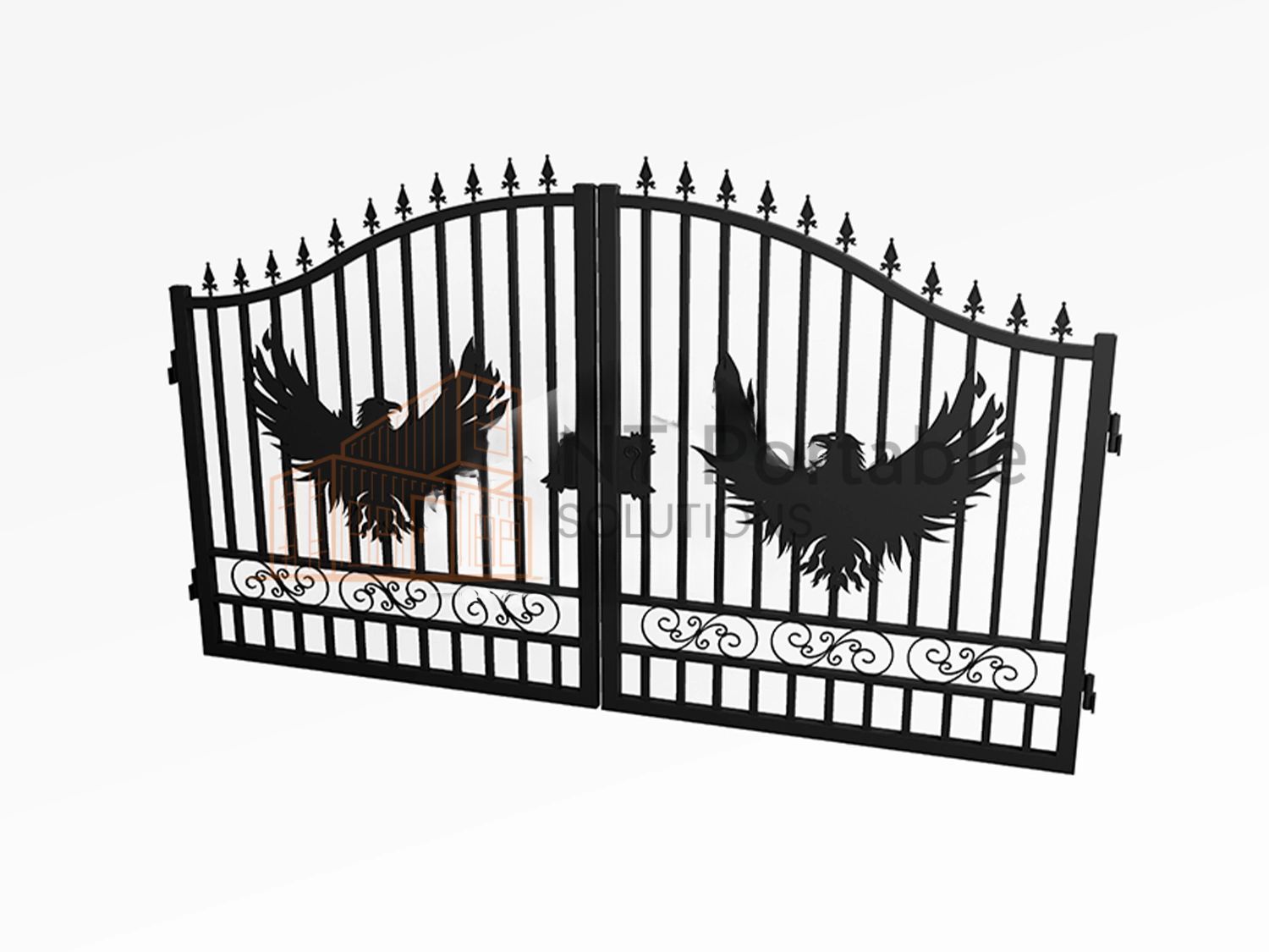 Black wrought iron gate with eagle silhouettes.