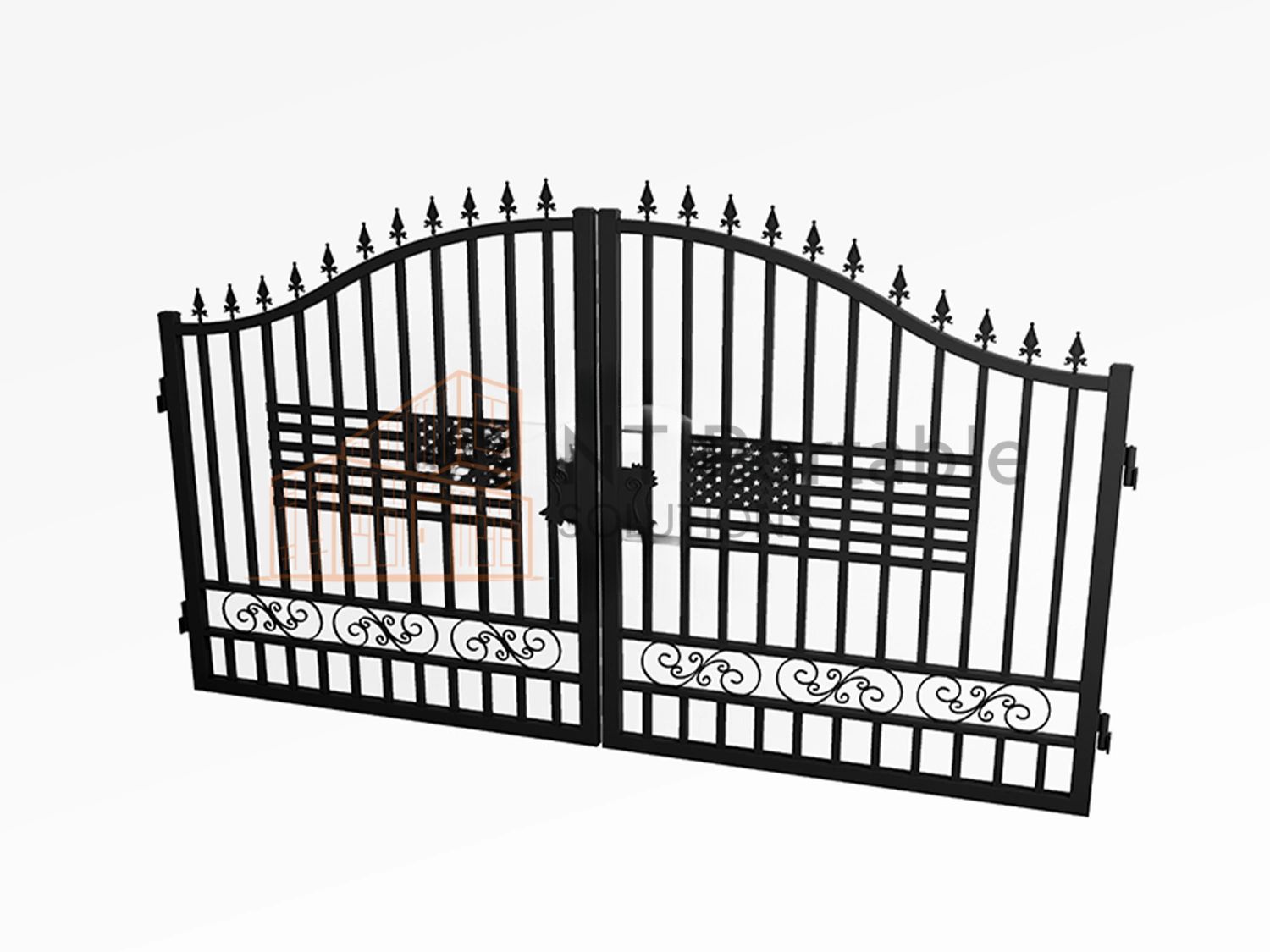 Black wrought iron double gate.