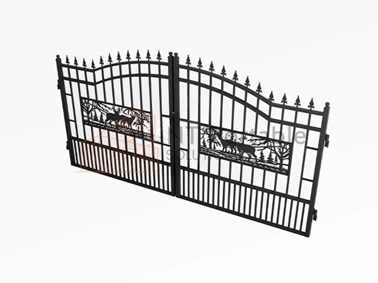 Black wrought iron gate with deer silhouettes and spiked top.