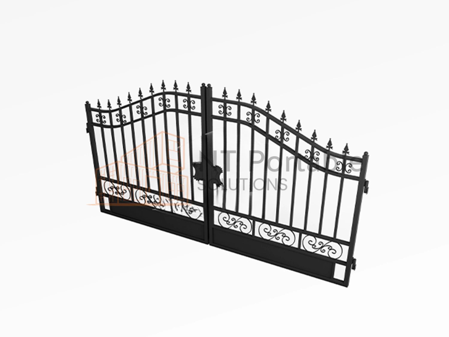 Black wrought iron gate, ornate design, arched top with spikes.
