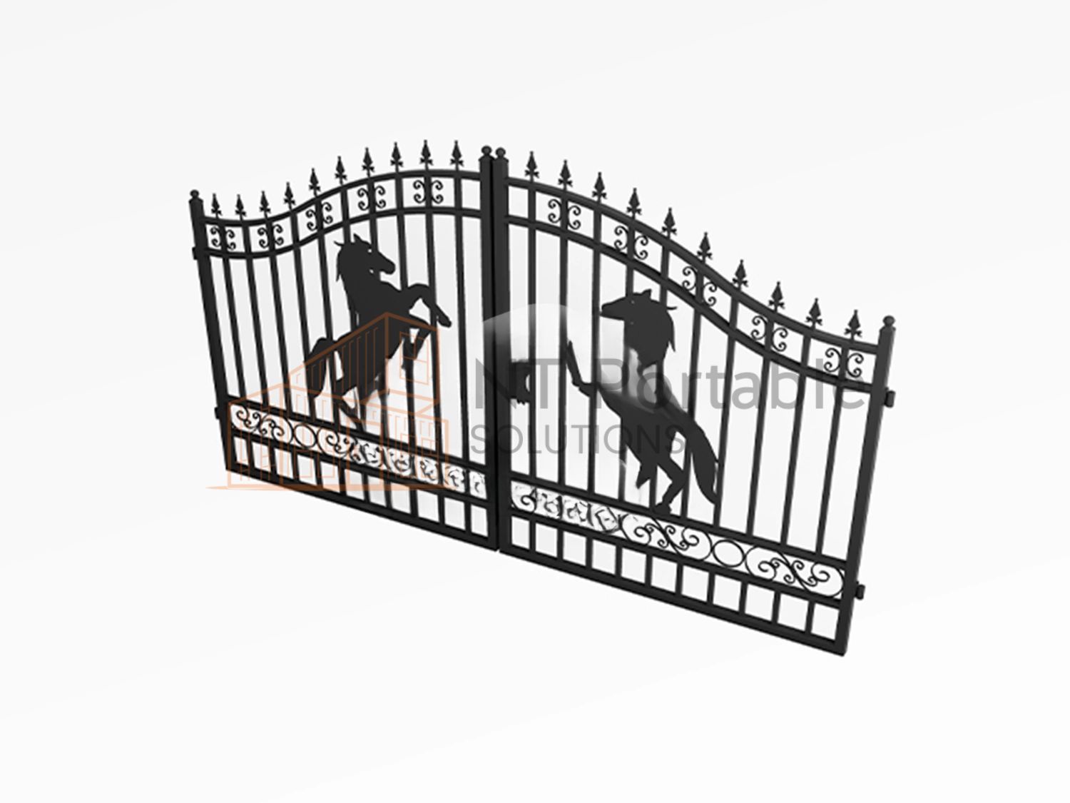 Black metal gate with horse silhouettes; arched design, spiky top.