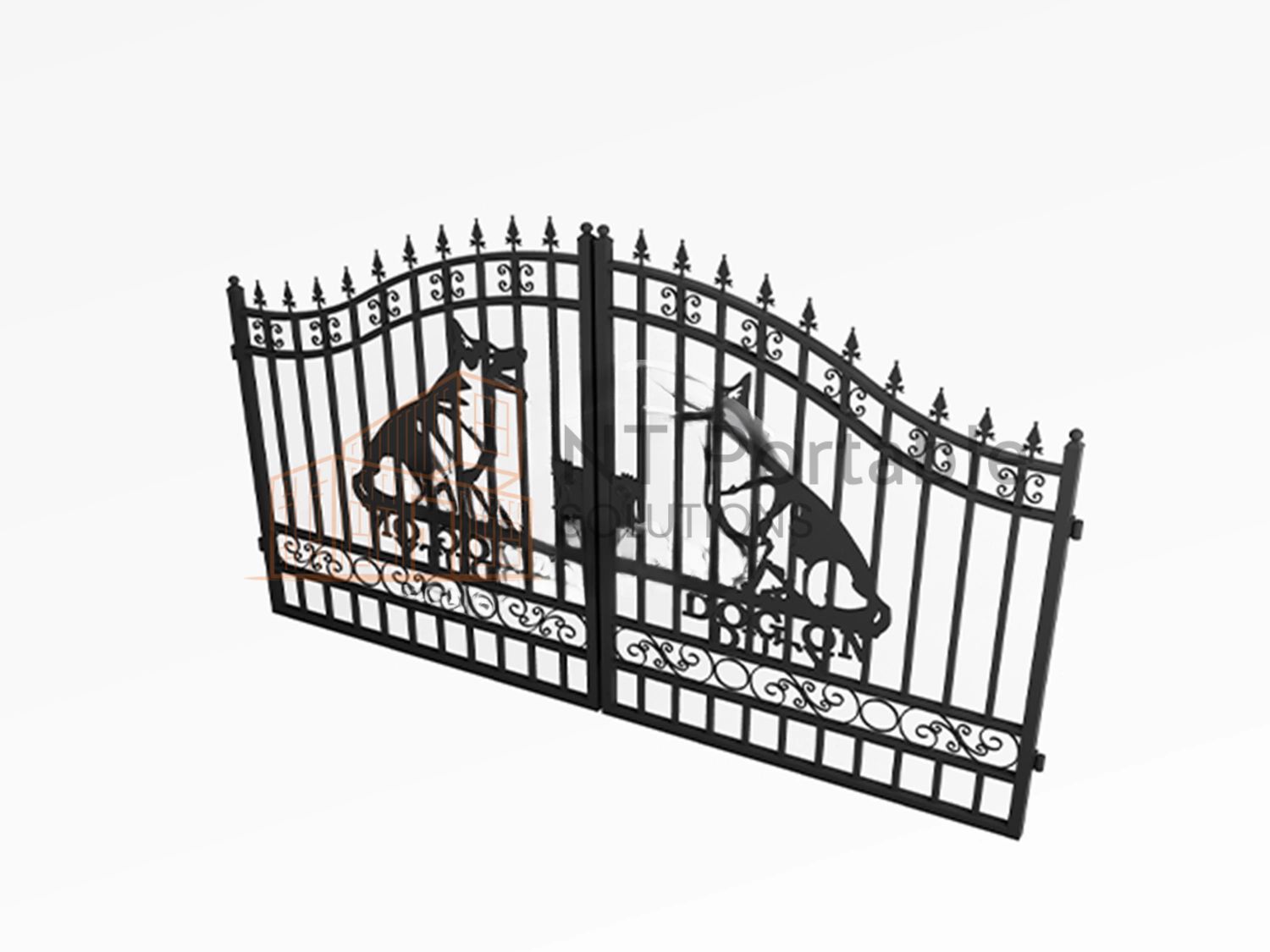 Black wrought iron gate featuring dog silhouettes, spanning across an empty space.