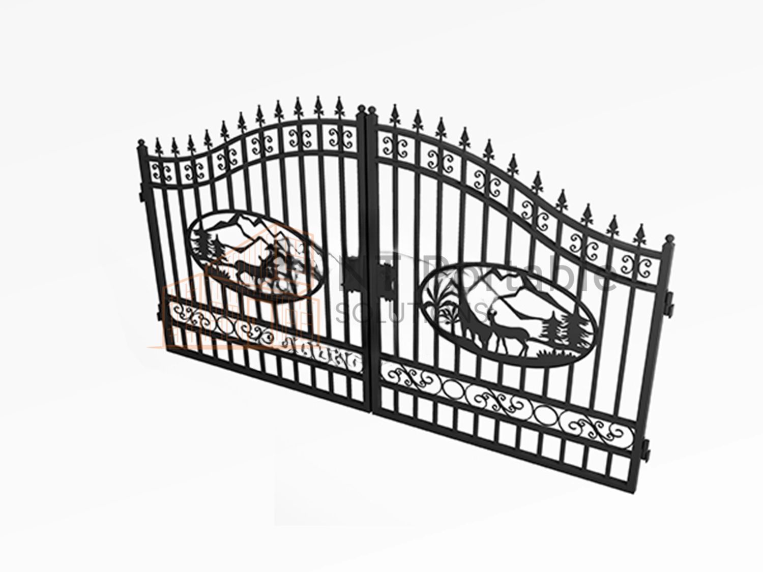 Black metal double gate with mountain scene cutouts.