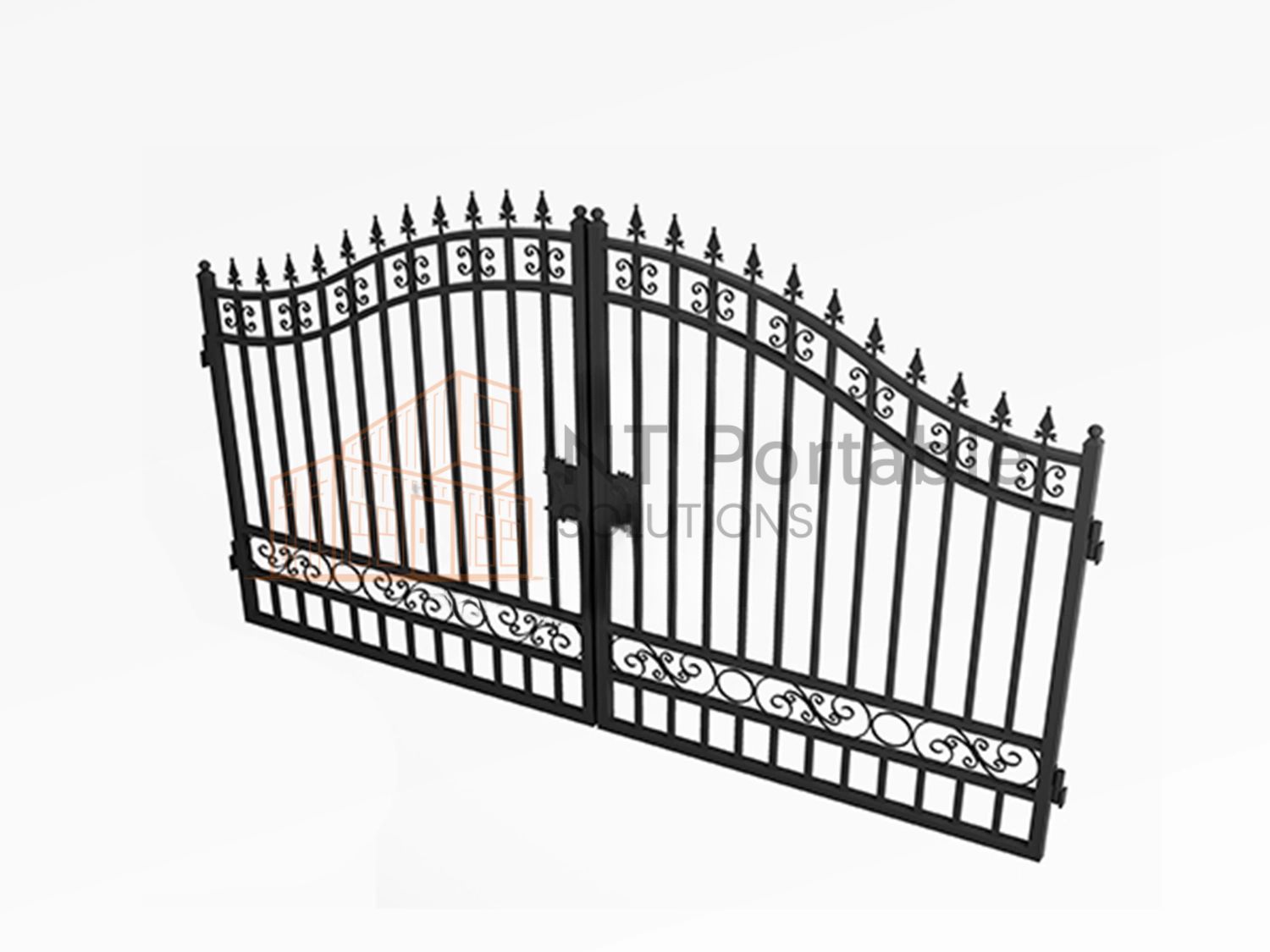 Black wrought-iron gate with arched top and decorative scrollwork, against a white background.