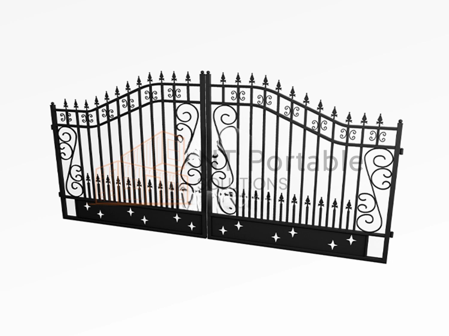 Black wrought iron double gate with decorative flourishes and pointed tops.