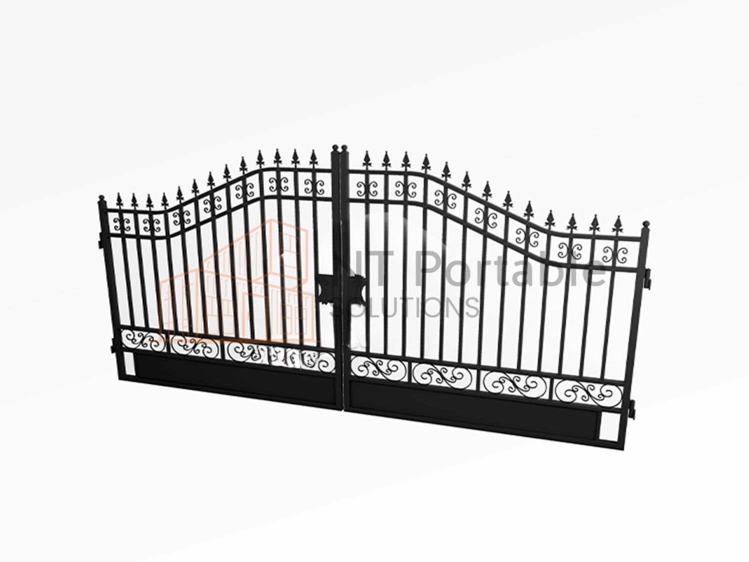 Black wrought iron driveway gate with ornate details, against a white background.