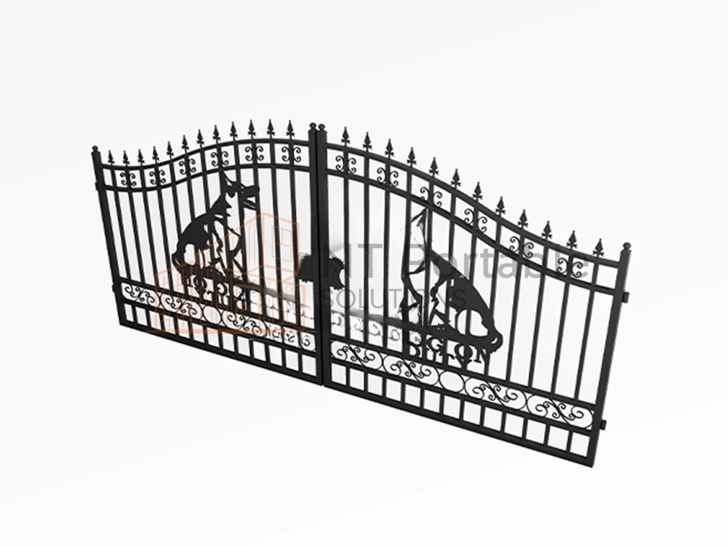 Black wrought iron gate with dog silhouettes.
