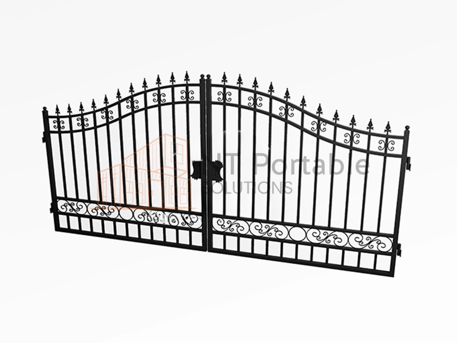 Black wrought iron double gate with decorative scrollwork and spikes.