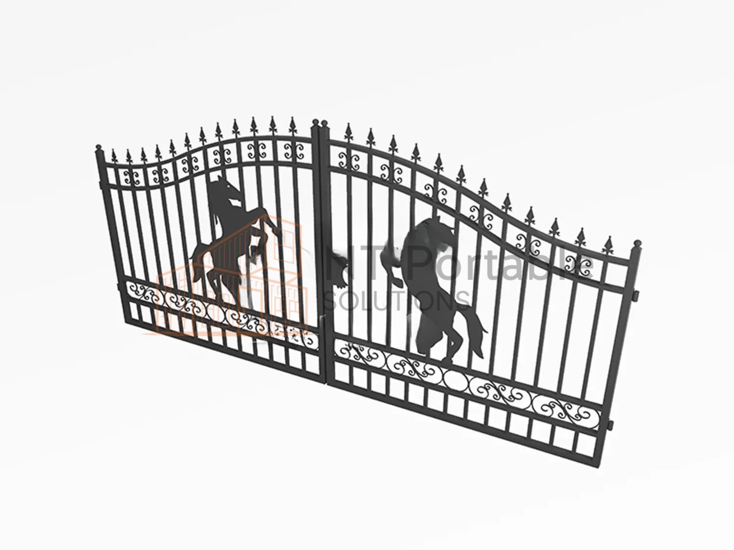 Black wrought-iron gate with horse silhouettes, ornate details, against a white background.