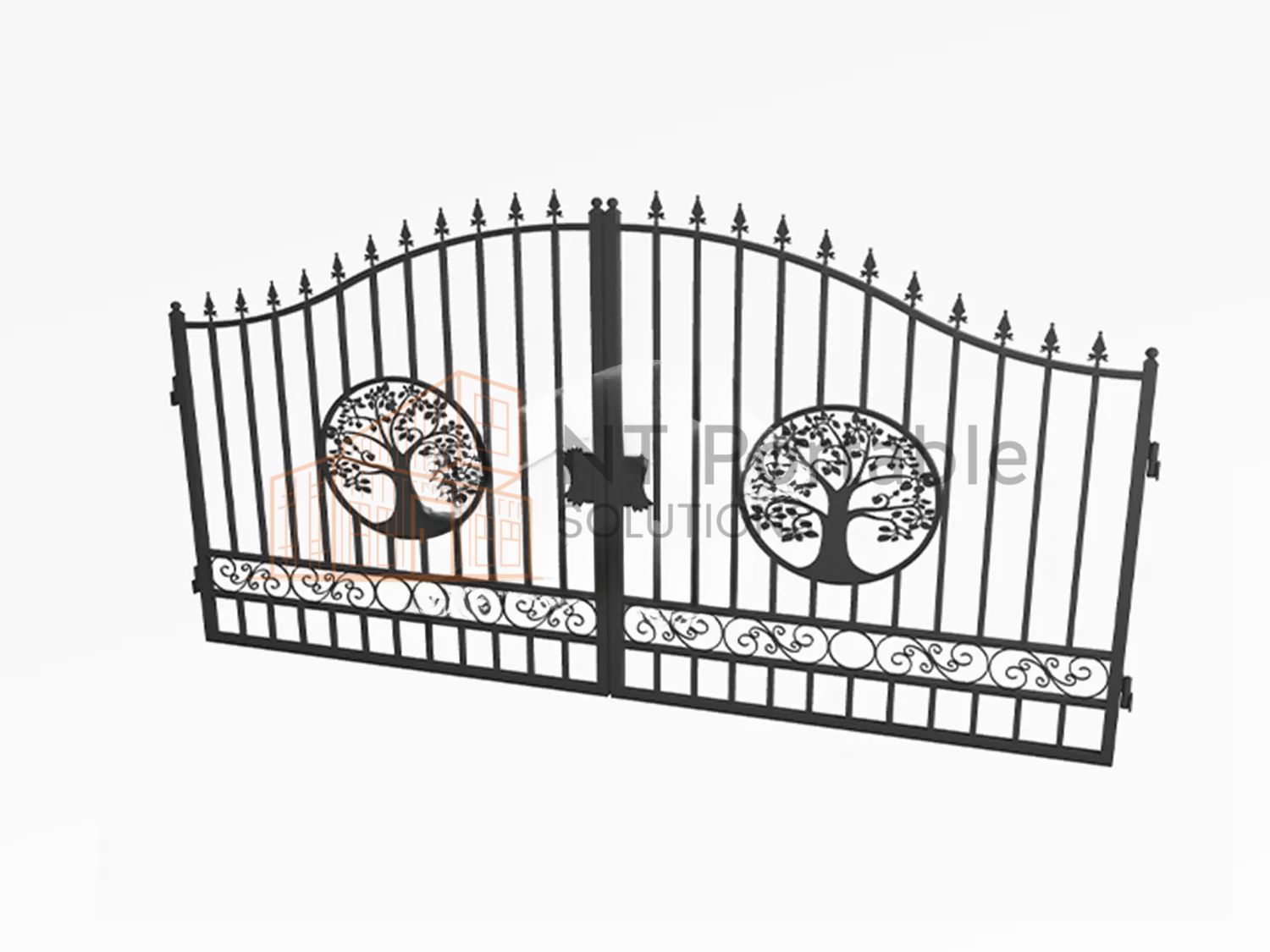 Black wrought iron gate with tree of life design.