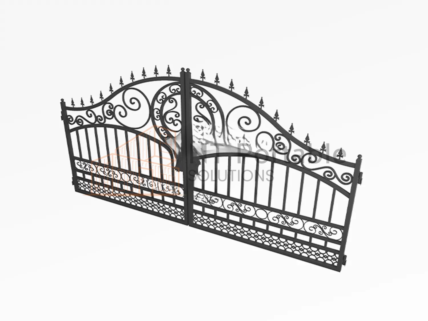 Black wrought iron gate with ornate scrolls and finials against a white background.