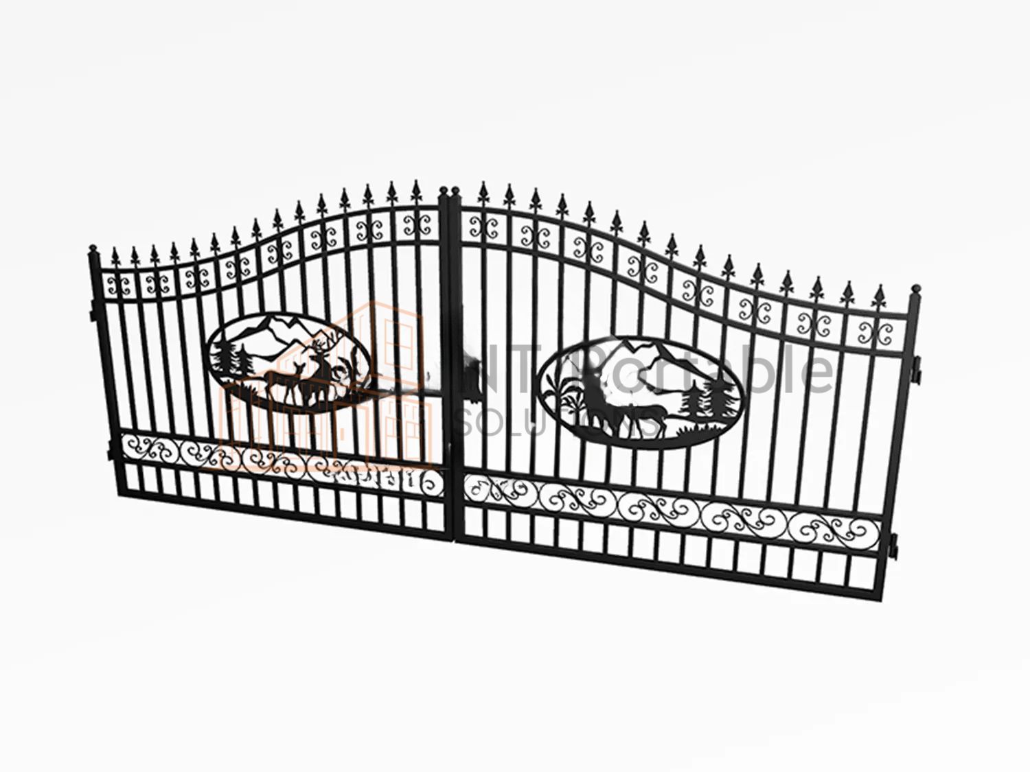 Black metal gate with deer silhouette designs.