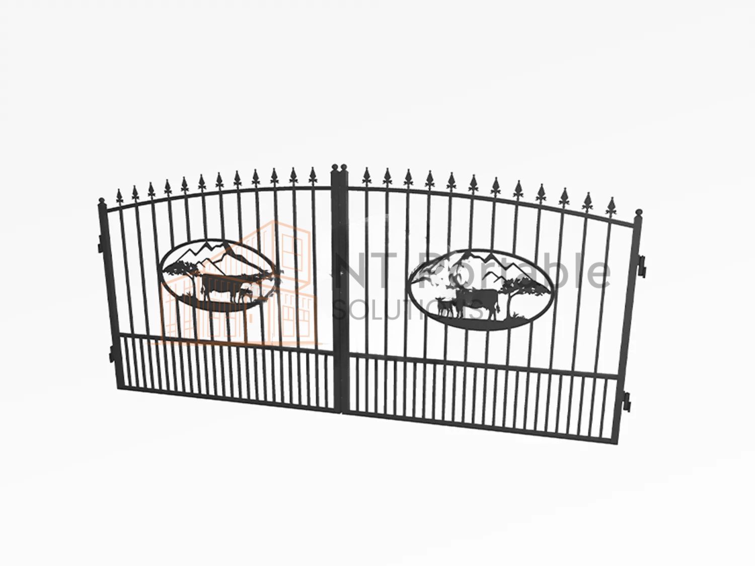 Black wrought iron driveway gate with mountain and cattle silhouettes.