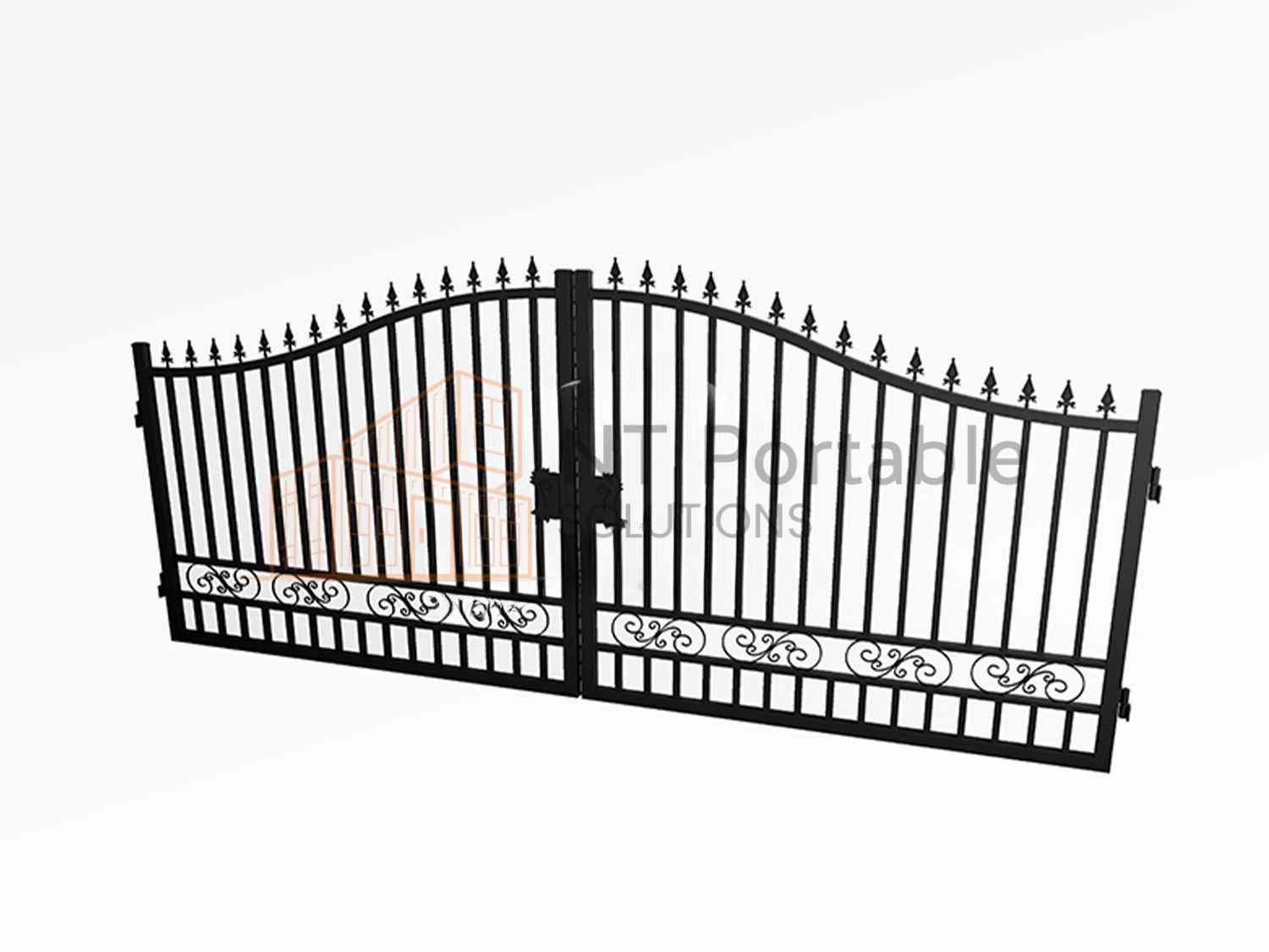 Black wrought iron gate, decorative design, arched top, spikes, against white background.