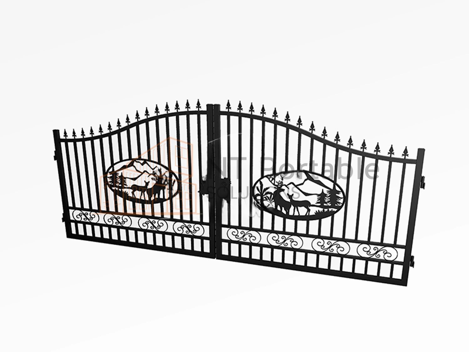 Black wrought iron gate with mountain and deer silhouette, centered on a white background.