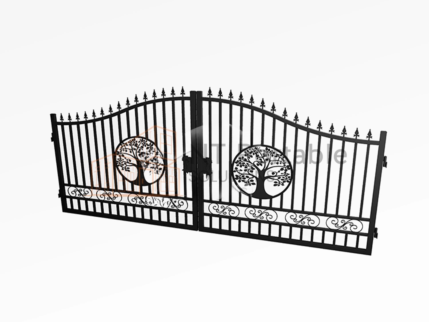 Black wrought iron gate with tree of life designs, set against a white background.