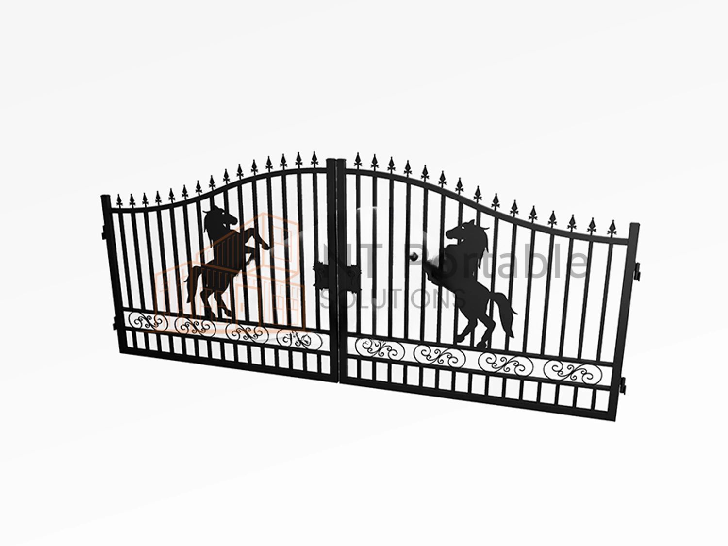 Black metal driveway gate with horse silhouettes.