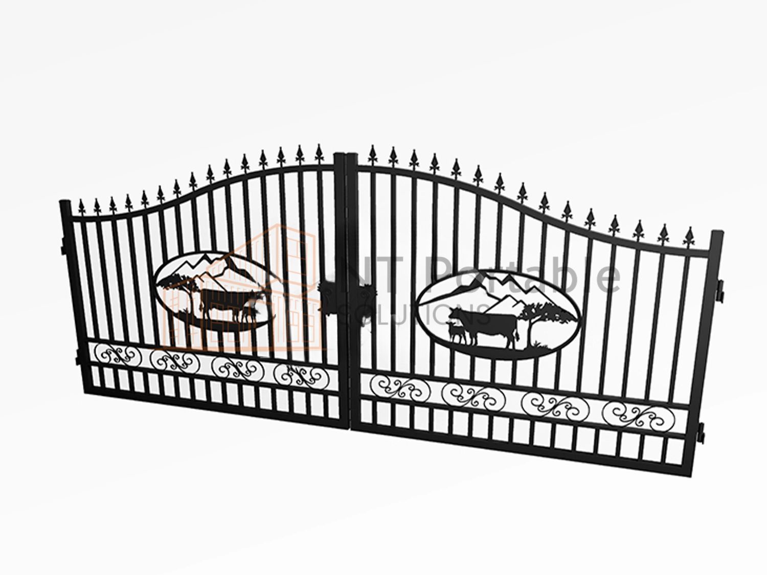 Black metal gate with cow silhouette and mountain scene details.