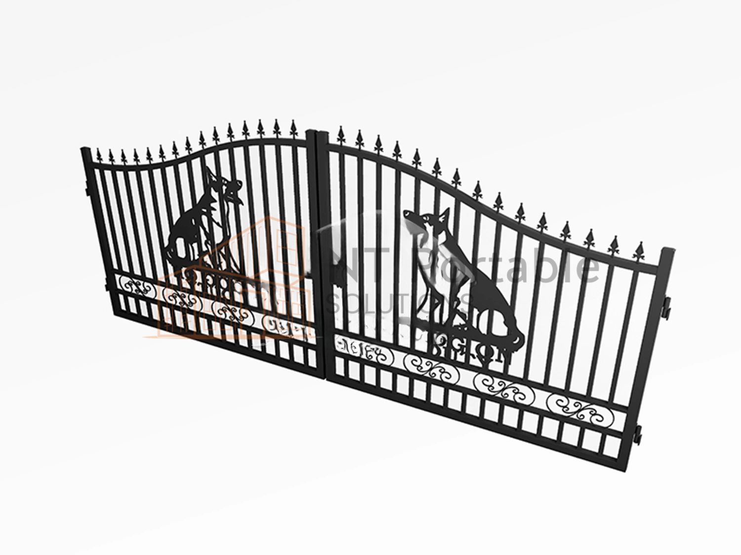 Black metal gate with dog silhouettes and ornate details.