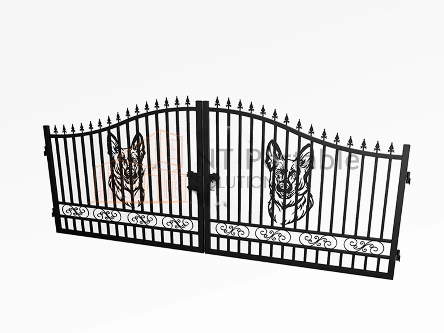 Black metal gate with decorative German Shepherd silhouette, arched top, on a white background.