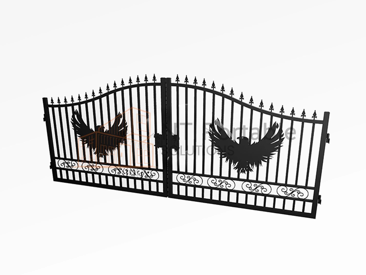Black iron gate with two eagle silhouettes, ornate scrollwork, and spiked tops.