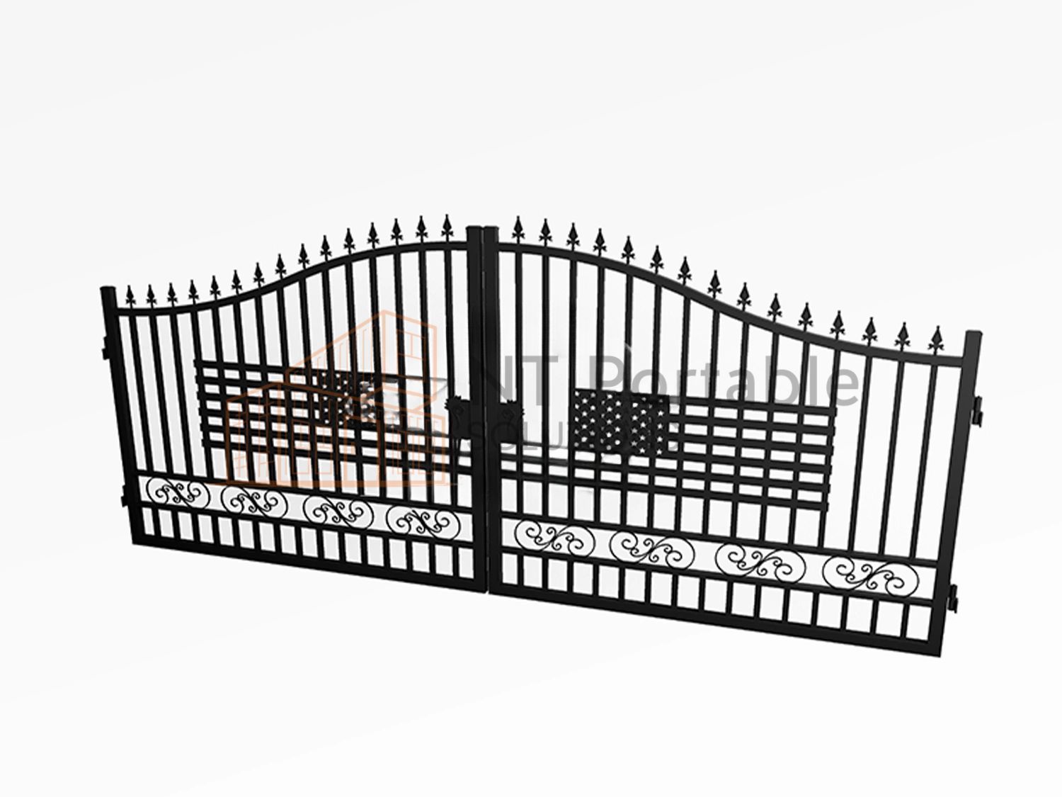 Black metal driveway gate with decorative scrollwork and pointed finials.