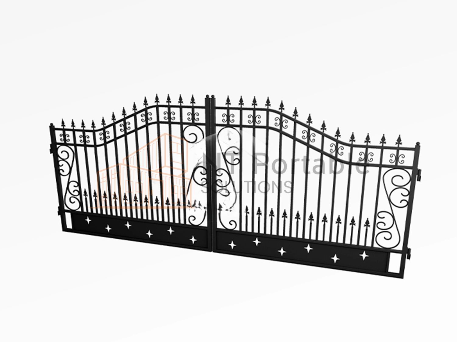 Black wrought iron gate with decorative scrollwork and pointed top details.