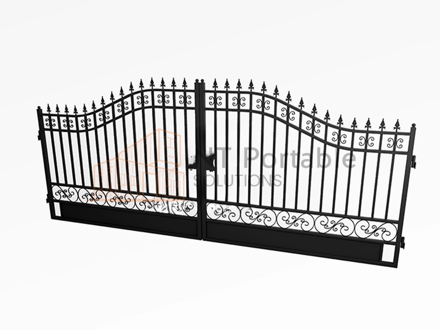 Black wrought iron double gate with decorative scrollwork and pointed tops, isolated on white.