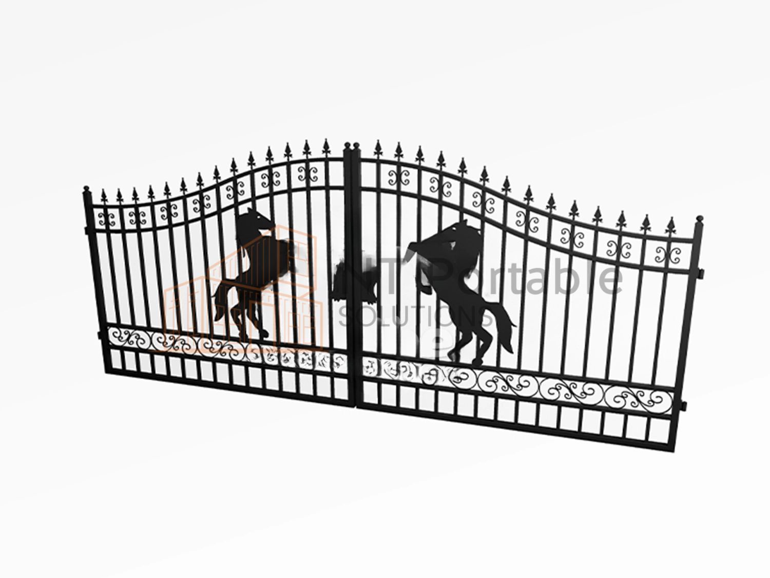 Black wrought-iron gate with two rearing horse silhouettes. Decorative swirls and spikes.