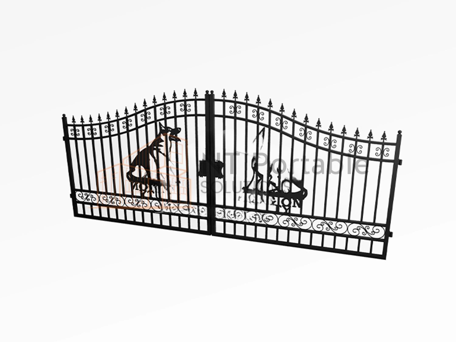 Black wrought-iron gate with dog and deer silhouettes, set against a white background.