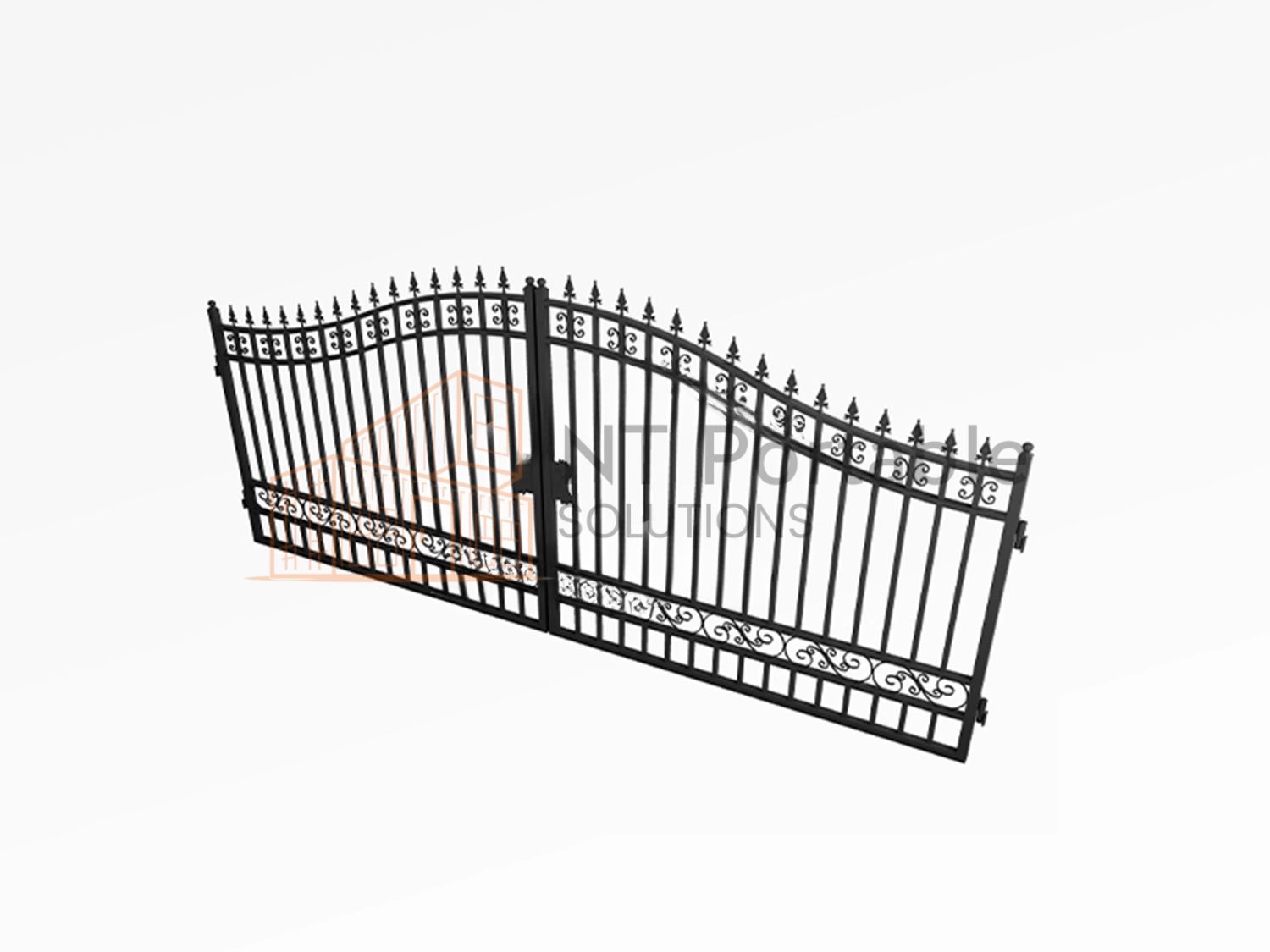 Black wrought iron gate on a white background, with decorative scrollwork and pointed top.