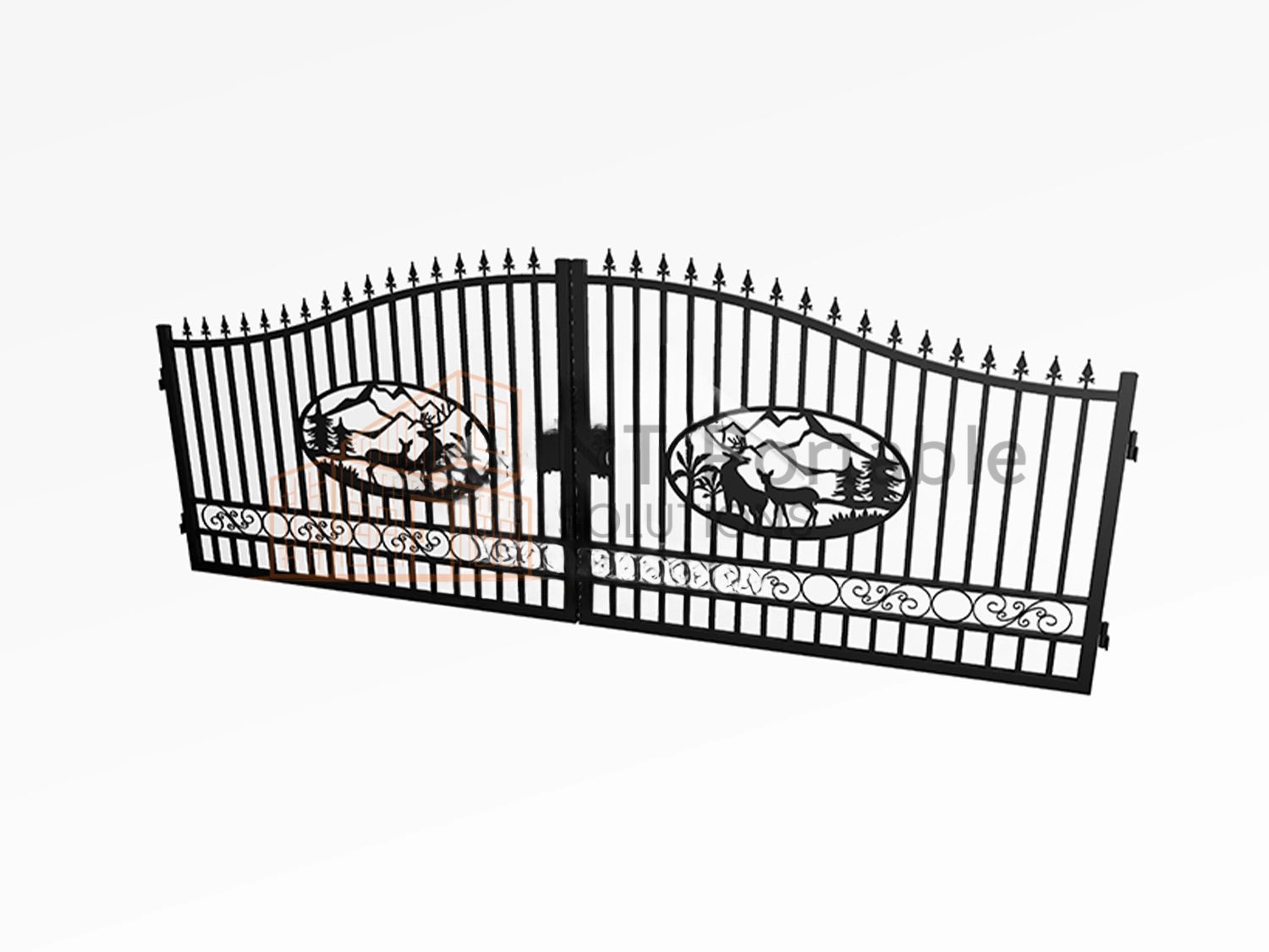 Black wrought iron driveway gate with deer silhouettes.