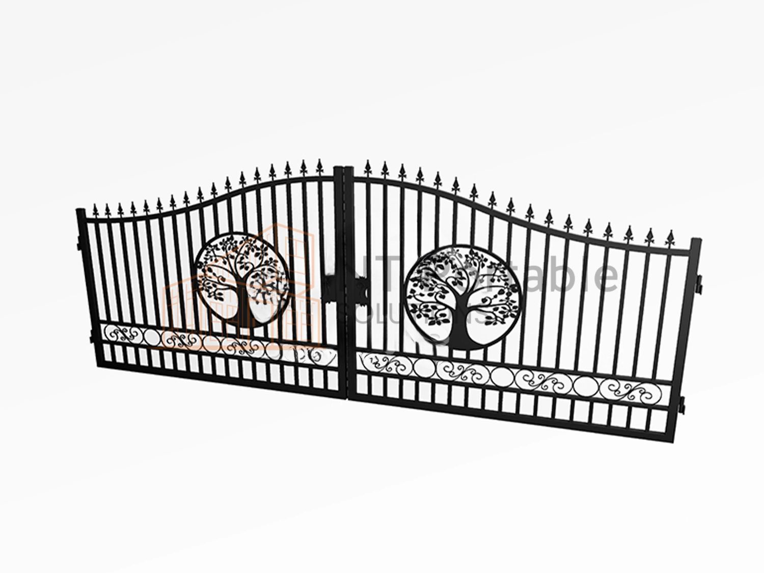 Black wrought iron gate with tree design and decorative scrollwork.