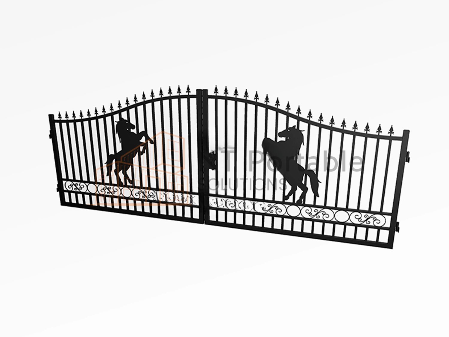 Black wrought iron gate with horse silhouettes, on a white background.