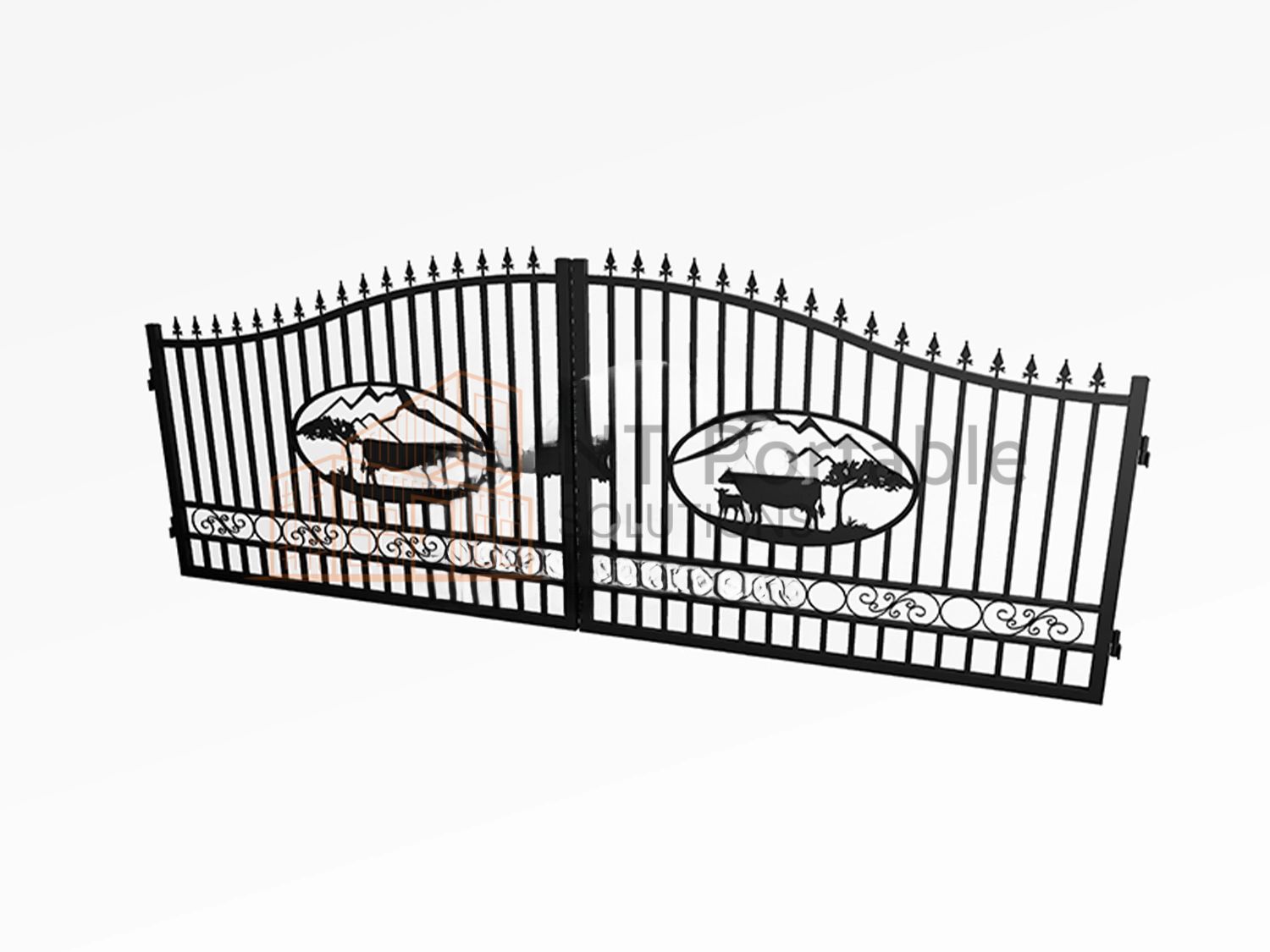 Black metal gate with oval cutouts showing cows and mountain scenes.
