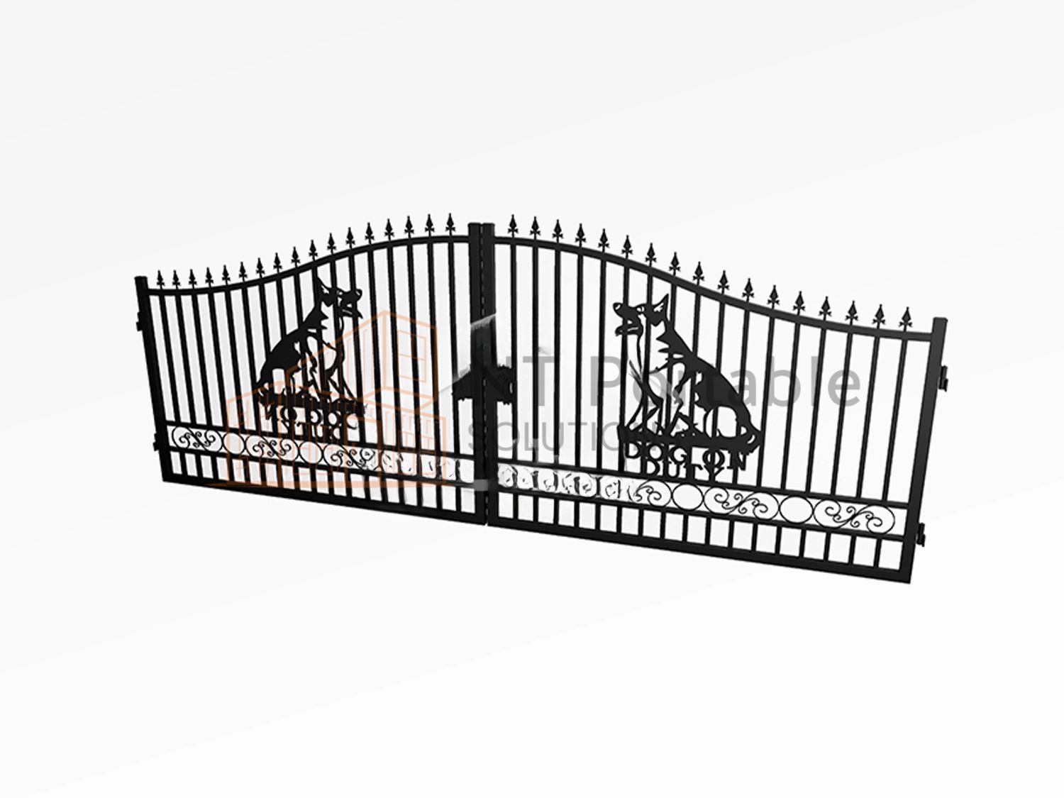 Black metal gate with two dog silhouettes and ornate details, set against a white background.