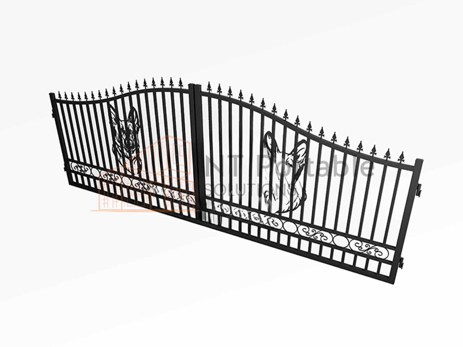 Black wrought iron driveway gates with decorative scrollwork and pointed top.
