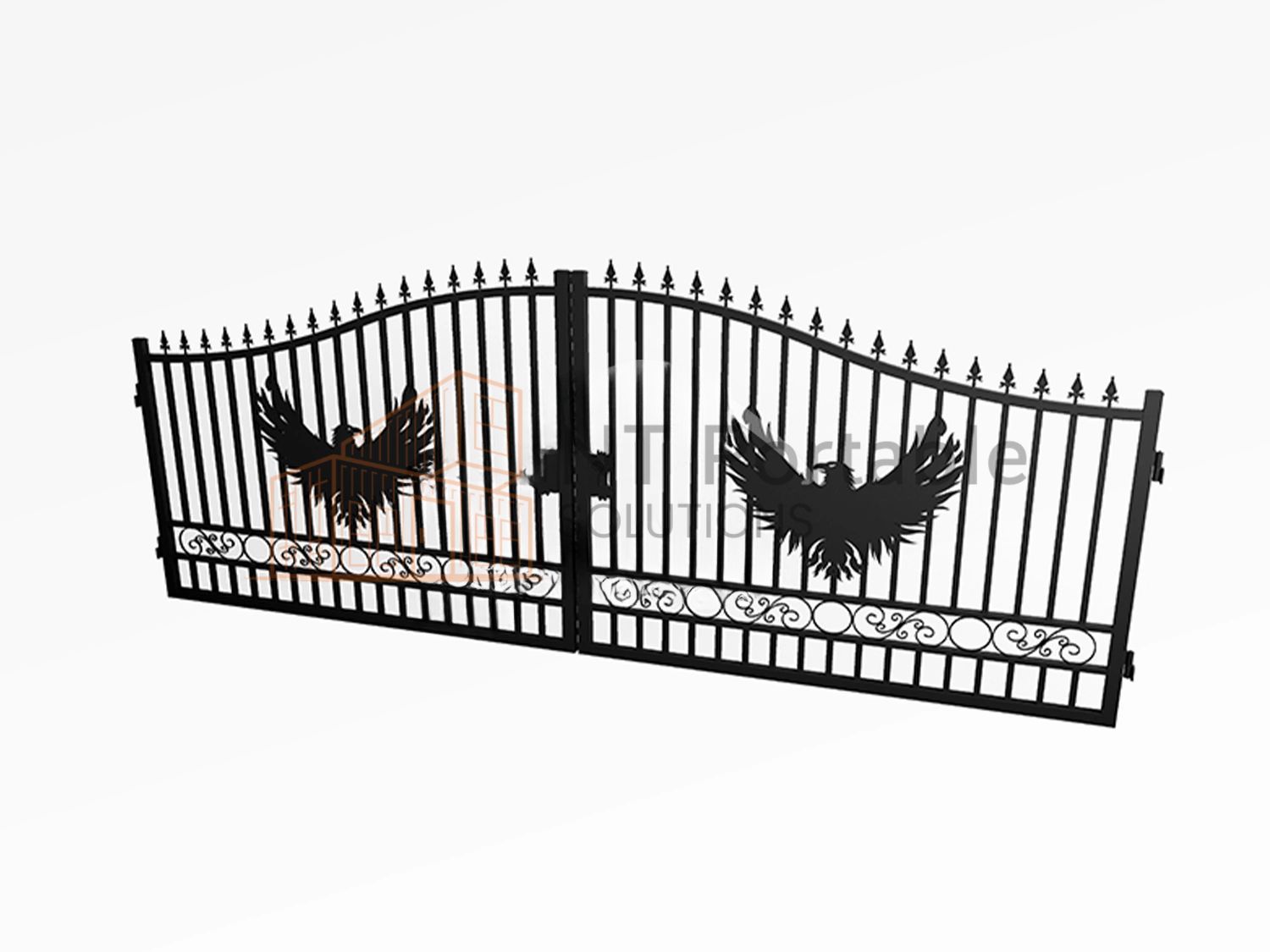 Black metal gate with eagle silhouettes and decorative scrollwork on a white background.
