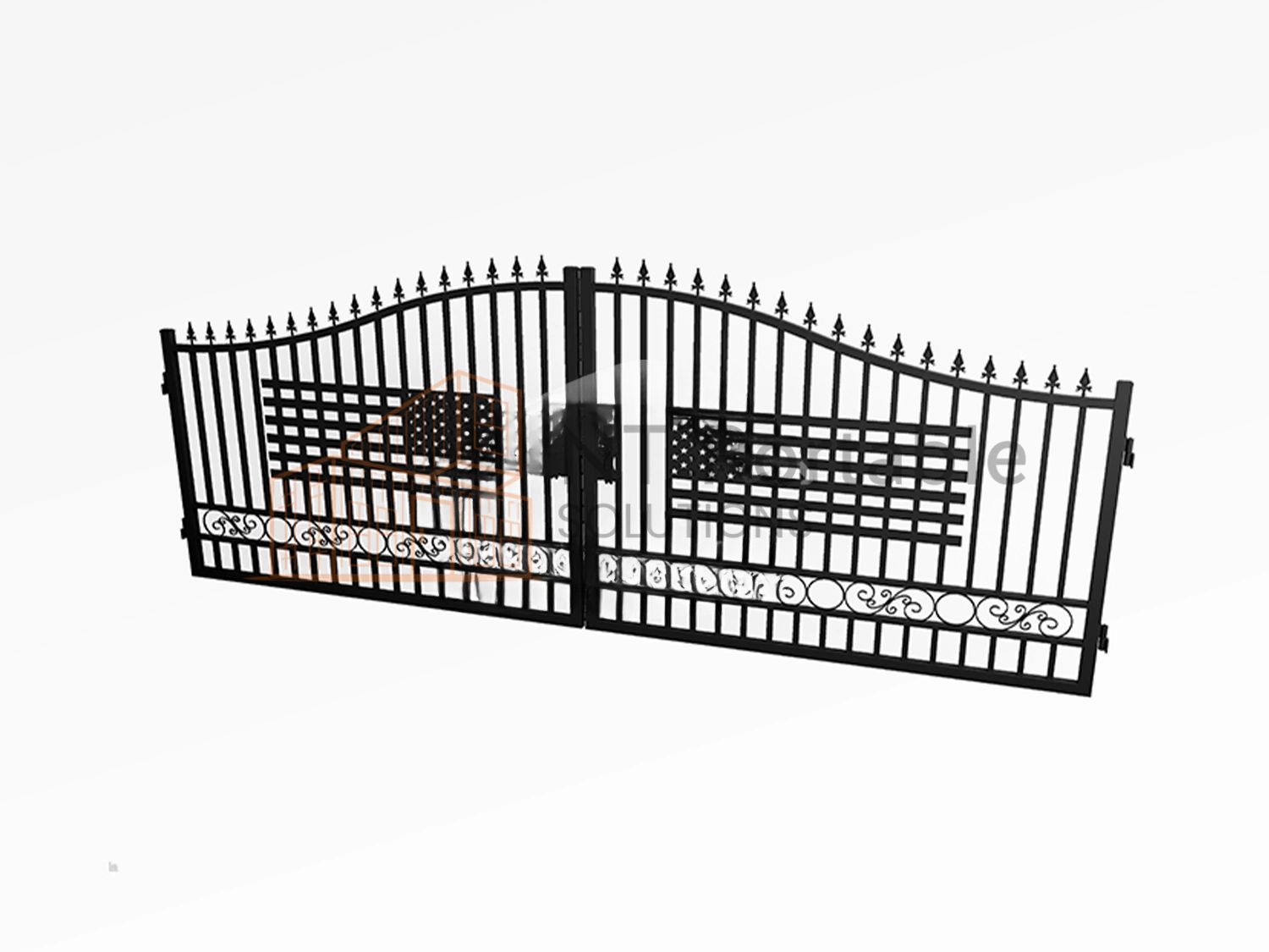 Black wrought iron driveway gate with decorative accents.