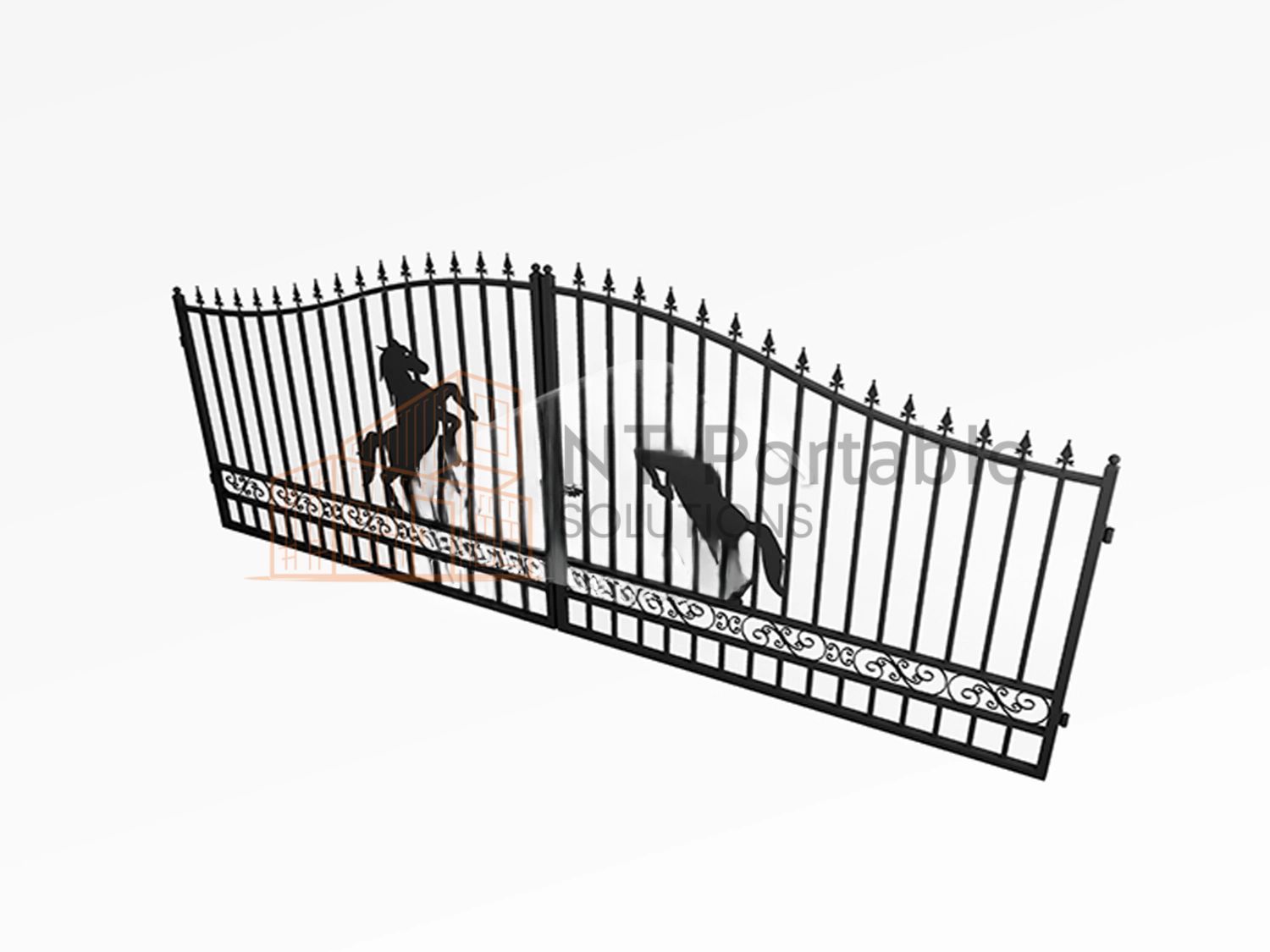 Black wrought iron gate with horse silhouettes, against a white background.