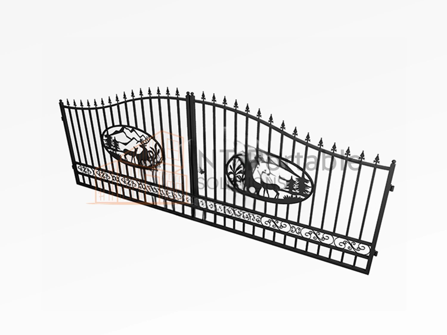 Black wrought iron gate with decorative oval insets and pointed top, on a white background.