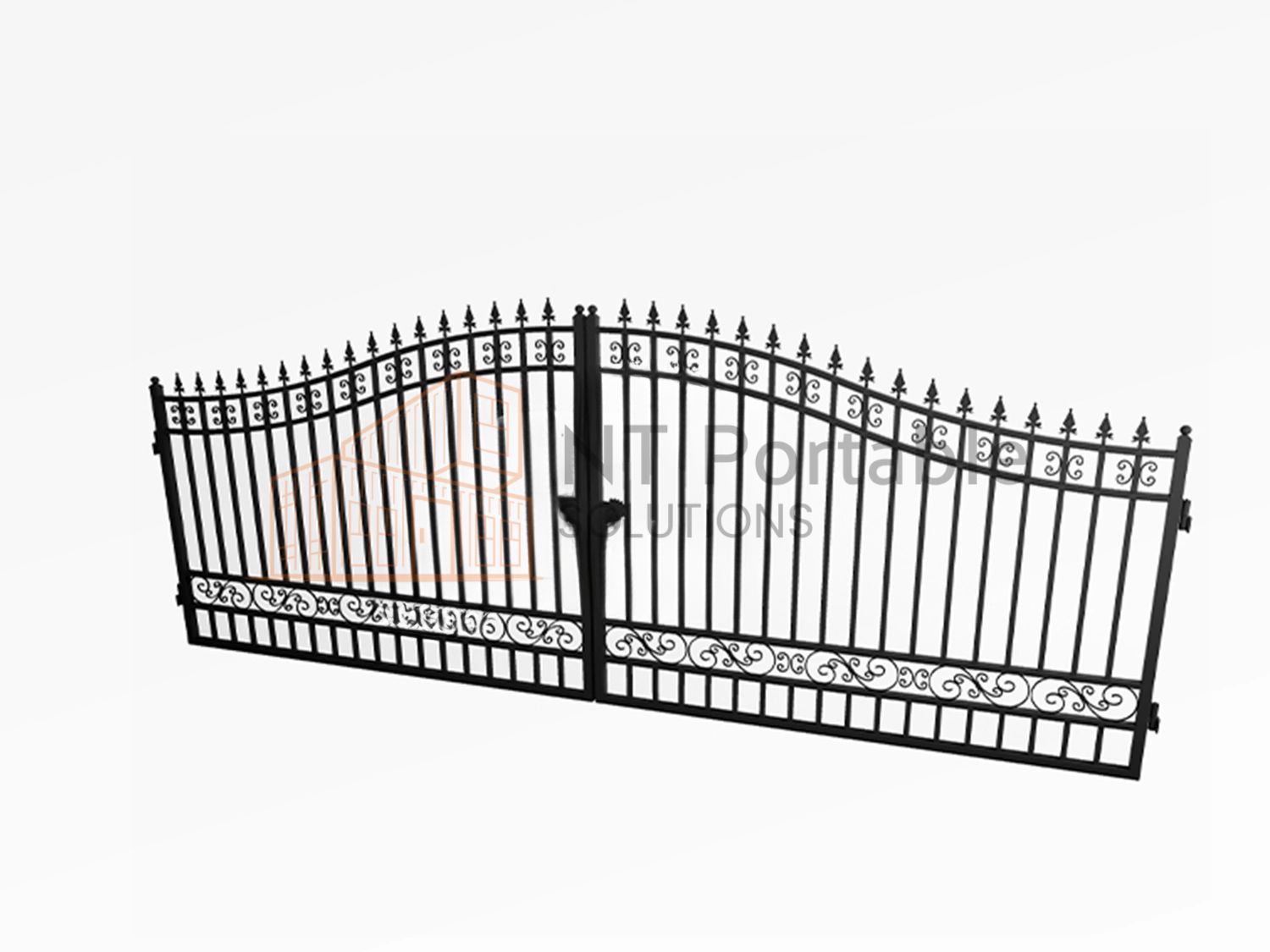 Black wrought iron gate with decorative scrollwork and pointed finials, set against a white background.